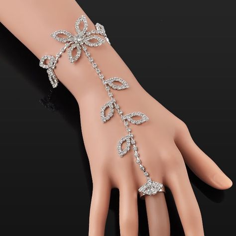 Vintage Glitter Rhinestone Leaf Flower Hand Harness Bracelet Slave Chain Link Jewelry Fashion Hand Jewelry SL071 Hand Bracelet With Ring, Wrist Chain, Hand Harness, Hand Chain Bracelet, Leaf Bracelet, Bangles Jewelry Designs, Bracelet Ring, Crystal Chain, Hand Chain