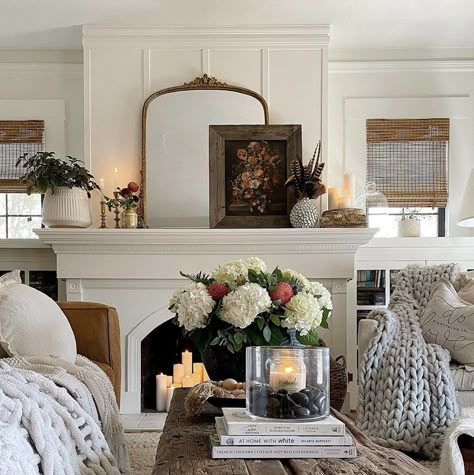 Mantle Styling Traditional, Layer Mirrors On Mantle, Mantle With Books, Large Painting Over Fireplace, Fireplace Mantle Shelves, Photos On Fireplace Mantle, Layered Picture Frames On Mantle, Layering Art On Mantle, Vintage Mantel Decor