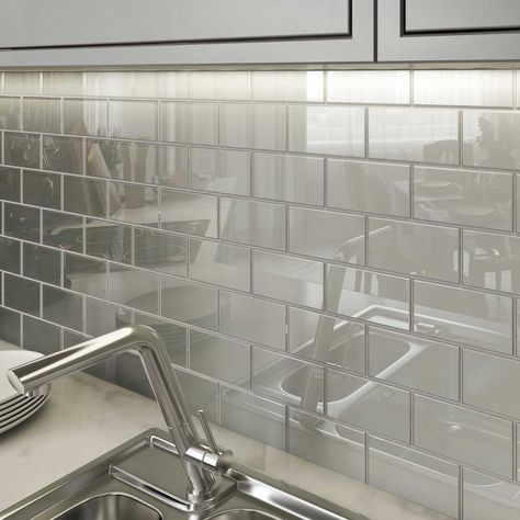 Giorbello Light Gray 3 in. x 6 in. x 8 mm Glass Subway Tile (5.5 sq. ft./case) - G5937 - The Home Depot Glass Subway Tile Backsplash, Glass Tile Backsplash Kitchen, Subway Tile Design, Grey Subway Tiles, Shower Backsplash, Kitchen Backsplash Designs, Glass Tile Backsplash, Glass Subway Tile, Subway Tile Backsplash