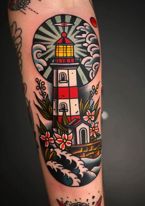 Old School Nautical Tattoo, Traditional Sailor Tattoos, Traditional Lighthouse Tattoo, Shoulder And Arm Tattoo, Traditional Tattoo Drawings, Americana Tattoo, Vintage Tattoo Design, Sailor Tattoo, Neotraditional Tattoo