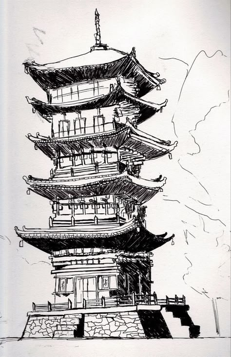 Japanese Temple Drawing, Temple Drawing, Architecture Drawing Sketchbooks, Japanese Temple, Japanese Drawings, Pen Art Drawings, Architecture Design Drawing, Architecture Drawing Art, Arte Sketchbook