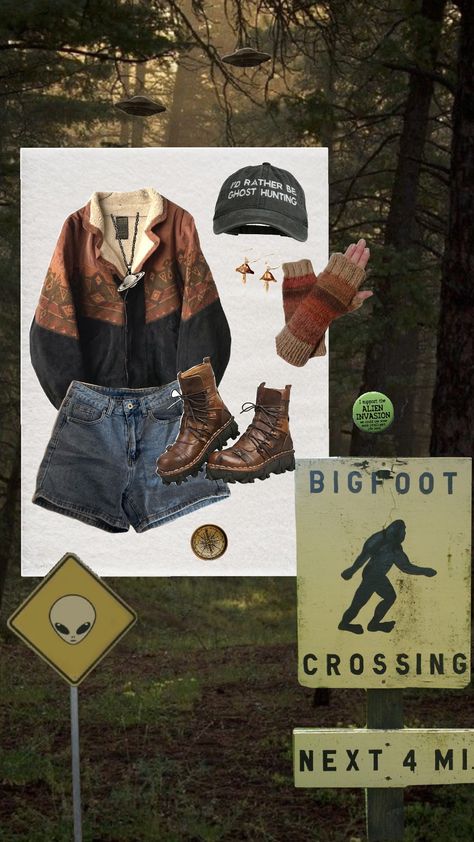 #cryptidcore #outfit #vintage #mothman #bigfoot #forest #aesthetic Forest Ranger Aesthetic, Aesthetic Cryptidcore, Cryptidcore Aesthetic Outfits, Forest Aesthetic Outfit, Cryptidcore Fashion, Cryptidcore Outfit, Cryptidcore Aesthetic, Shifting Outfits, Art Catalogue