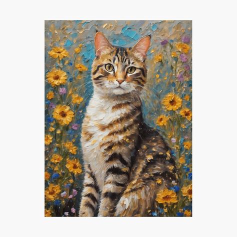 Get my art printed on awesome products. Support me at Redbubble #RBandME: https://www.redbubble.com/i/photographic-print/Klimt-Style-Tabby-Cat-in-Garden-Wild-Flowers-Painting-by-Arwen-Art/161004647.6Q0TX?asc=u Tabby Cat Acrylic Painting Easy, Brown Tabby Cat Art, Tabby Cat Painting, Wild Flowers Painting, Garden Wild Flowers, Cat In Garden, Garden Wild, Cat Posters, Cat Painting