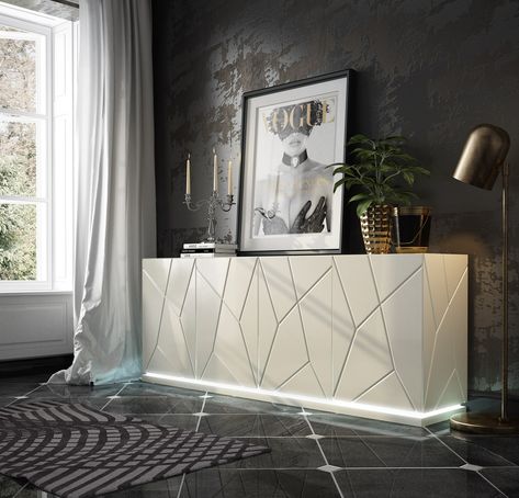 Aparador de diseño con sistema de iluminación led en zócalo. Líneas geometricas que crean equilibrio en tu salón. Franco Furniture, Designer Console Table, Mdf Furniture, Kirkland Home Decor, Lacquered Sideboard, Hall Furniture, Interior Design Dining Room, Прикроватные Тумбочки, Diy Kitchen Decor