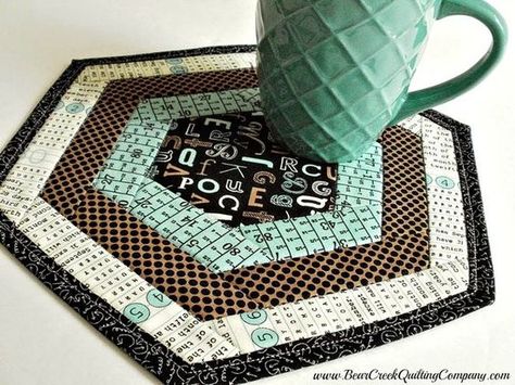 Textagon Mug Rug Tutorial - my guest post for Bear Creek Quilting Company. I used the Creative Grids Hexagon Trim Tool.: Rug Tag, Mug Rug Tutorial, Gifts 2021, Rug Tutorial, Mug Rug Patterns, Creative Circle, Bear Creek, Quilted Table Toppers, Christmas Runner