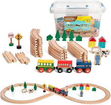 Brand On Track USA Material Plastic Set includes: 2 different types of straight tracks, curvy tracks, 3 train cars, houses, animals, person, trees, bushes, signs, clear plastic container for easy packing This set is great for starters or a great way to expand the current train set you own. Measures 40"x18" When set up as the figure 8. This set is compatible with most Major Brands Wooden Train Track, Wooden Container, Toy Trains Set, Baby Gift Guide, Wooden Train Set, Clear Plastic Containers, Open Ended Toys, Clear Container, Wooden Train