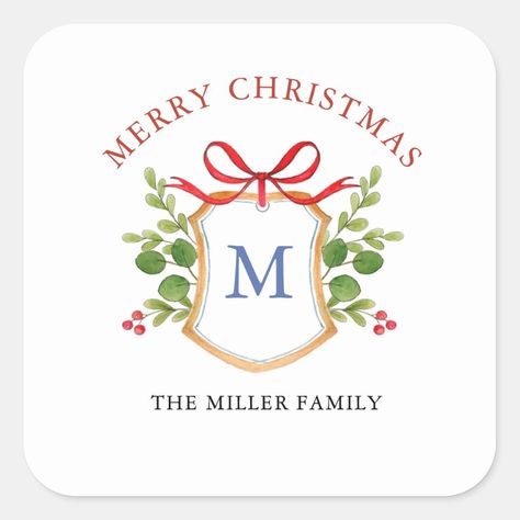 Monogram Crest with greenery Holidays Square Sticker  Zazzle Watercolor Crest, Monogrammed Linens, Watercolor Monogram, Winter Greenery, Family Monogram, Christmas Stationery, Holiday Stickers, Personalized Stickers, Christmas Stickers