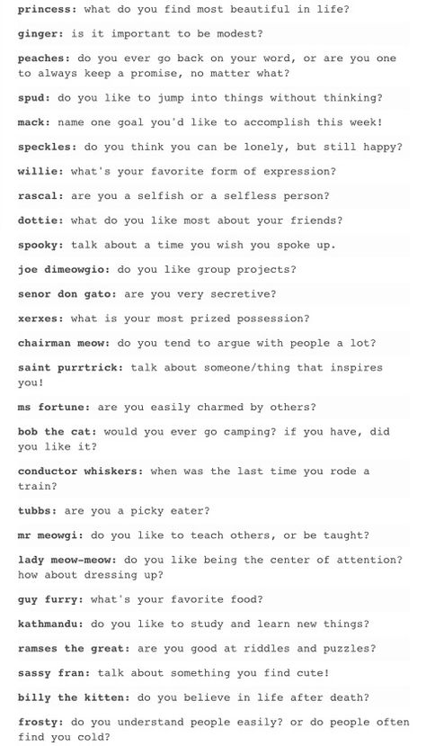 Questions for the Neko Atsume cats (or questions asked by them). Questions To Ask People, Kitty Collector, Partner Questions, Questions To Get To Know Someone, Big Talk, Journal Questions, Deep Talks, Neko Atsume, Conversation Topics