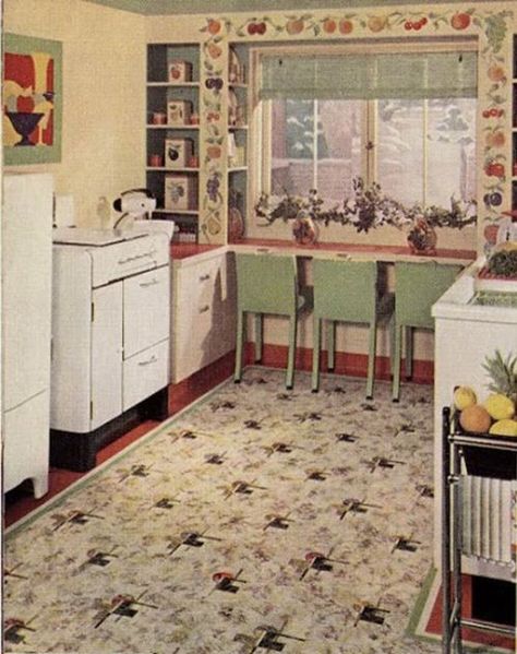 21 early 1940s interior designs by Hazel Del Brown of Armstrong Floors - Retro Renovation 1940 Interior Design, 1940s Interior Design, 1940 House, 1940s Furniture, 1940s Home Decor, 1940s Interior, 1940s Decor, 1940s Kitchen, 1940s Home