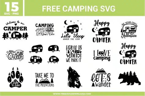 Camping Free SVG Files | Free SVG Download Happy Camper Svg Free, Camper Svg File Free, Free Camping Svg Files For Cricut, Pride Quotes, Camper Svg, Camp Shirts, Camping Svg, Camp Life, Sleeping Under The Stars