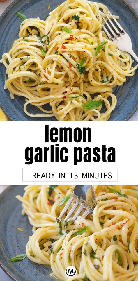 Top view of lemon garlic spaghetti on a blue plate. Lemon Garlic Noodles, Lemon Pasta Recipes, Lemon Garlic Pasta, Garlic Noodles, Inexpensive Meals, Garlic Pasta, Lemon Pasta, Cheap Dinner Recipes, Cheap Dinners