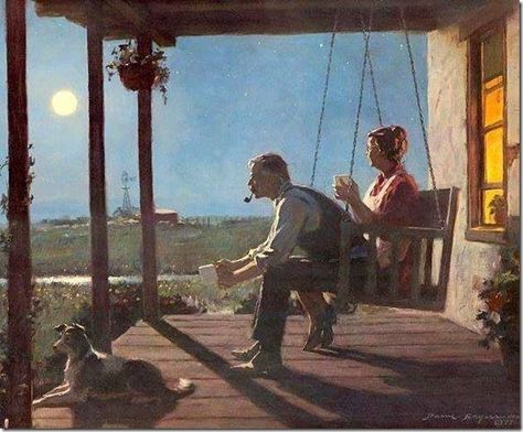 sitting on front porch in the evening Arte Fantasy, Western Art, Pics Art, Porch Swing, Country Life, Farm Life, The Moon, Beautiful Art, Pop Art