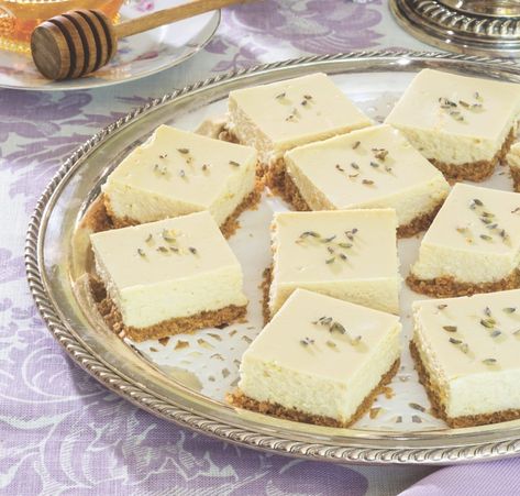 Honey-Lavender Cheesecake Bars - Southern Lady Magazine Lavender Cheesecake, Lavender Recipes, Honey Lavender, Culinary Lavender, Tea Time Food, Cheesecake Bar Recipes, Southern Lady, Cheese Dessert, Mini Cheesecakes