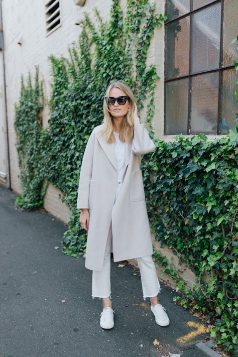 Stephanie Trotta Style, Preppy Neutral Outfits, Light Neutral Outfit, Stephanie Trotta, The Curated Coat, Jacket Inspiration, Hermes Oran Sandals, Elegant Preppy, Minimalist Outfits