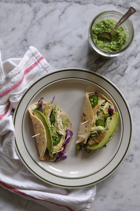 Chicken Tacos with Cilantro Pesto Recipe. With red cabbage and cilantro slaw, avocado, and jalapeños. Gluten-free, dairy-free! | ¡HOLA! JALAPEÑO Gluten Free Tacos Recipes, Rosemary Chicken Salad, Healthy Latin Recipes, Summer Lunch Recipes, Dairy Free Pesto, Cilantro Recipes, Cilantro Pesto, Healthy Mexican Recipes, Chicken Taco Recipes