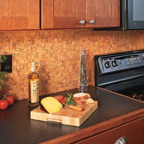 Update a Backsplash with Cork Flooring-good idea...color is too dark in this one but i like the concept... Cork Backsplash Kitchen, Kitchenette Basement, Cork Backsplash, Small Kitchen Backsplash, Colorado Lodge, Natural Stone Backsplash, Cork Floor, Stone Tile Backsplash, Cork Ideas