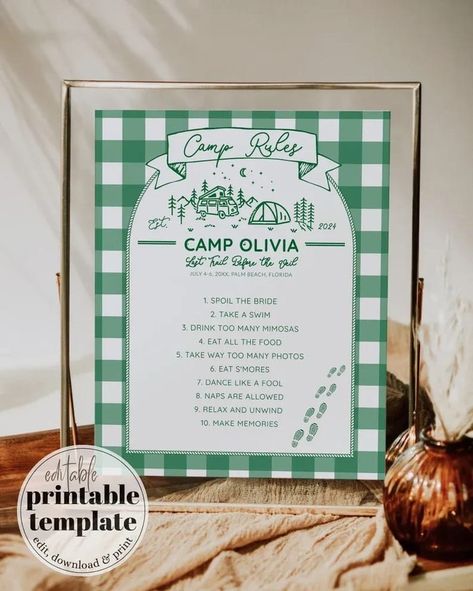 Get the party started with our customizable Camp Rules sign template! Perfect for your camp-themed bach party, glamping weekend, or bachelorette cabin adventure. Easily edit, download, and print for a fun and memorable addition to your mountain bach or camping bach weekend. Embrace the adventure bride spirit and show that you're "one happy camper" with this retro camp-inspired decoration.⁣ ⁣ #bachelorette #campbach #campbachelorette #camprules #campsign #signtemplate #camping #glamping #birth... Last Trail Before The Veil, Bach Weekend, One Happy Camper, Bach Party, The Veil, Get The Party Started, Happy Camper, Sign Templates, Party Signs