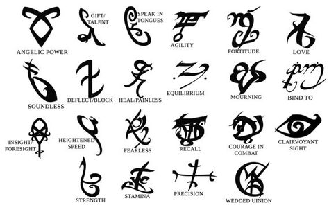 Rune tattoos - These be fun to do for a Con dressing as a Shadow Hunter. Immortal Instruments, Rune Tattoo, Bone Tattoos, 4 Tattoo, Shadow And Bone, Witchy Wallpaper, Symbols And Meanings, Book Tattoo, Celtic Symbols