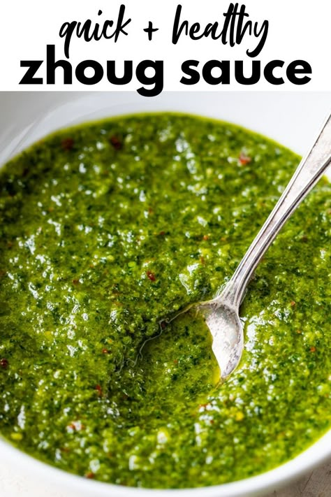 Prepare to be obsessed with Zhoug Sauce! This spicy cilantro sauce is a classic Middle Eastern condiment you can put on anything, like eggs, steak, sandwiches, and more. Whip it up in just 5 minutes and enjoy! Zhoug Sauce, Chimichurri Sauce Recipe, Steak Sandwiches, Cilantro Sauce, Christmas Recipes Appetizers, Chimichurri Sauce, Green Sauce, Savory Vegan, Dish Recipes