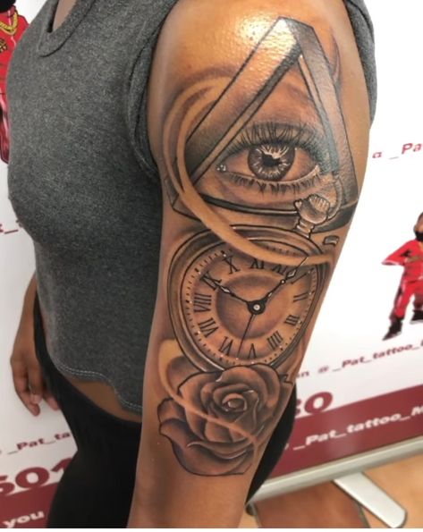 Eye Tattoo Black Women, Tattoo Black Women, Cute Shoulder Tattoos, Clock Tattoos, Cute Thigh Tattoos, Arm Sleeve Tattoos For Women, Egyptian Tattoo Sleeve, Half Sleeve Tattoos Drawings, Cute Hand Tattoos