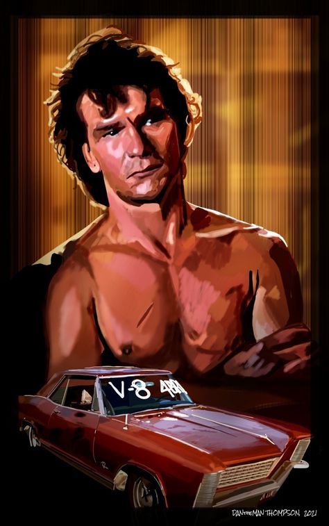 #DANtheMAN607 illustration • Roadhouse, Patrick Swayze as James Dalton, 1965 Buick Riviera Patrick Swayze Wallpaper, 1965 Buick Riviera, 80s Men, Movies Art, Road House, Patrick Swayze, Buick Riviera, Pookie Wookie, Tv Art