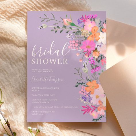 Romantic pastel wild flowers spring bridal shower for $2.92 - Bridal Shower Invitations Purple Bridal Shower Ideas, Spring Bridal Shower Themes, Tiffany Bridal Shower, Purple Bridal Shower, Country Flowers, Spring Bridal Shower, Summer Bridal Showers, Wild Country, Bridal Shower Inspiration