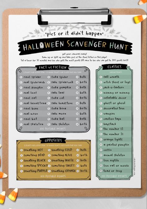 Halloween Photo Scavenger Hunt, Holiday Activity For Kids, Kids Halloween Activity, Picture Scavenger Hunts, Adult Halloween Party Decorations, Teen Halloween Party, Fall Scavenger Hunt, Fall Family Fun, Halloween Scavenger Hunt