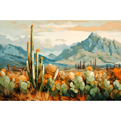 Title "Val Verde County". Vibrant oil painting print. Colorful landscape art. West Texas travel art. Rustic wall decor. Premium quality giclee print To see more paintings, please visit my shop: www.etsy.com/shop/ErikaDanielArt - Giclee print on acid-free archival paper - Multiple sizes to choose from - Frame is not included. The print is not framed! Museum-quality posters made on thick and durable matte paper. Add a wonderful accent to your room, nursery and office with these posters that are su Southwest Paintings, Cactus Ideas, Wild West Art, Western House, Texas Print, Cactus Paintings, Texas Landscape, Mexican Artwork, Bedroom Painting