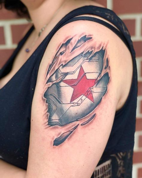 Marvel Patchwork Sleeve, Winter Soldier Arm Tattoo, Winter Soldier Star Tattoo, Marvel Themed Tattoos, Winter Soldier Tattoo Ideas, Superman Tattoo For Men, Winter Soldier Symbol, Dr Strange Tattoo, Bucky Barnes Tattoo Ideas