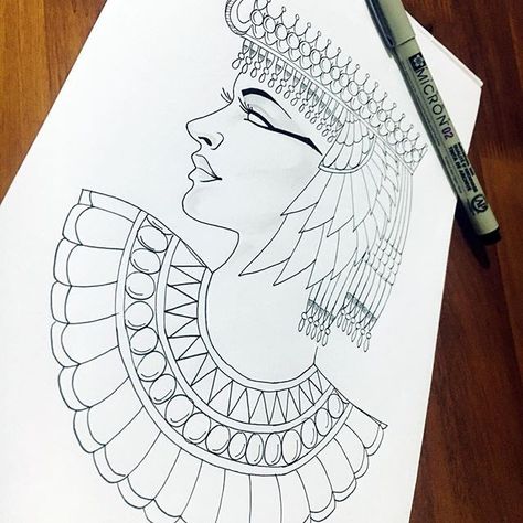 Ancient Egypt Art Drawing, Egyptian Sketch, Egypt Tattoos, Egyptian Art Drawing, Cleopatra Tattoo, Egyptian Drawings, Queen Drawing, Ancient Egyptian Symbols, Egypt Tattoo