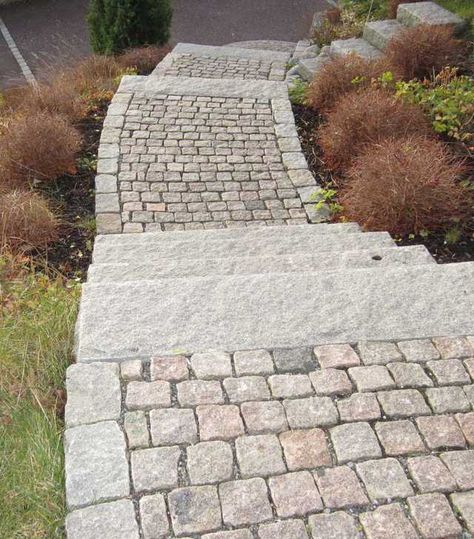 Stone steps Steep Gardens, Cobblestone Driveway, Garden Stairs, Stone Stairs, Outdoor Steps, Sloped Garden, Garden Steps, Backyard Pool Designs, Garden Pathway