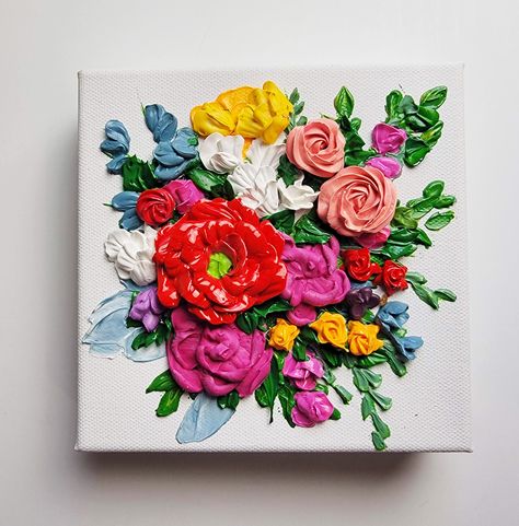 Paintings With 3d Elements, 3d Floral Painting, Intricate Sculpture, 3d Acrylic Painting, Acrylic Painting Mixed Media, Floral Sculpture, Thick Paint, Painting Mixed Media, Flower Canvas Wall Art