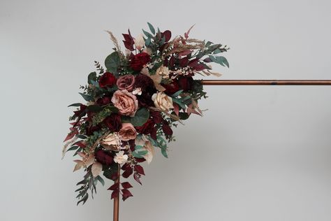 Maroon Flowers Bouquet, Pergola Wedding Ceremony, Burgundy Wedding Arch, Pergola Flowers, Archway Flowers, Flowers Moodboard, Faux Flowers Wedding, Arch Arrangement, Ivory Bouquet Wedding