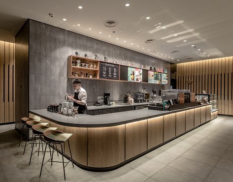 Starbucks Interior Design Concept Stores, Starbucks Bar Design, Starbucks Counter Design, Barista Counter Design, Starbucks Design Interior, Coffee Store Ideas, Counter Cafe Design, Starbucks Store Design, Cafe Bar Design Ideas