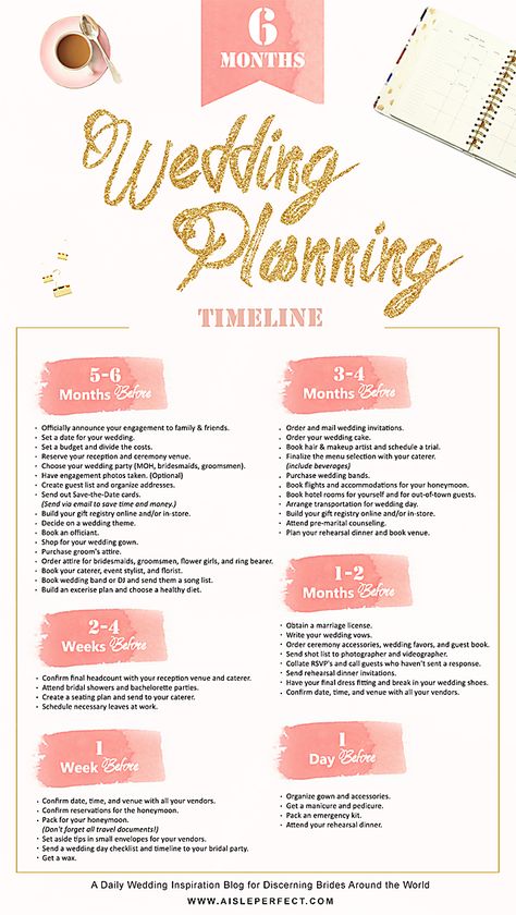 Aisle Perfect 6-month wedding checklist #weddingplanningchecklist Wedding Checklist 6 Months, Wedding Checklist Printable, Wedding Day Checklist, Wedding Planning Binder, Wedding Planner Binder, The Wedding Planner, Wedding Planning Timeline, Budget Spreadsheet, Planning Checklist