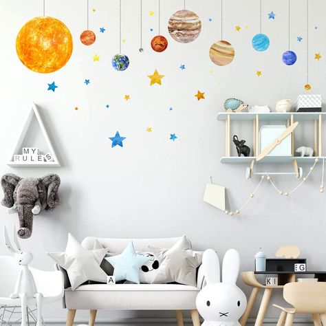 Outer Space Room, Solar System Wall Decal, Cartoon Stars, Space Kids Room, Space Wall Decals, Wallpaper For Kids, Space Themed Room, Stars Wall Decor, Stickers Cartoon