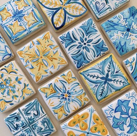 Amalfi Coast Tiles, Tile Cookies, Mediterranean Theme, Painted Sugar Cookies, Italian Tiles Pattern, Lemon Centerpieces, Lemon Kitchen Decor, Summer Birthday Party, Fancy Cookies