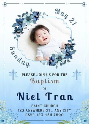 Blue Cute Floral Baptism Invitation - Invitation (portrait) Baptismal Invitation Layout, Baptismal Invitation Template Blank, Sunlight Pictures, House Altar, Baptismal Invitation, Baby Dedication Invitation, Dedication Invitations, Christening Invitations Boy, 3 Angels