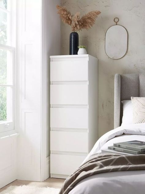 #modernbedroom Tall Narrow Dresser Small Spaces, Tall Drawers Bedroom, Extra Bedroom Storage Ideas, White Cabinets Bedroom, Narrow Dressers Small Spaces, Really Small Room Ideas, Storage For Small Bedrooms, Tall Chest Of Drawers Bedroom, White Tall Dresser