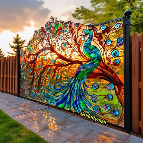 Peacock Elevation Design, Peacock Gate Design, Peacock Door Design, Peacock Glass Painting Design, Peacock Installation, Glass Mural, Garden Fence Art, Fence Art, Peacock Design