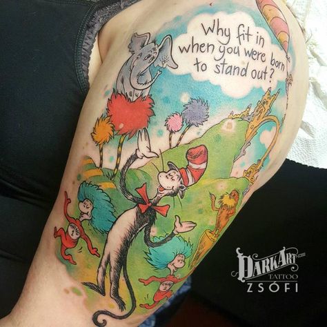 Dr Suess Tattoo Ideas, Dr Seuss Tattoo Ideas, Dr Seuss Tattoo, Neurodivergent Tattoo, Tattoo Collage, Teacher Tattoos, Men's Tattoos, Puzzle Tattoos, Learn To Tattoo