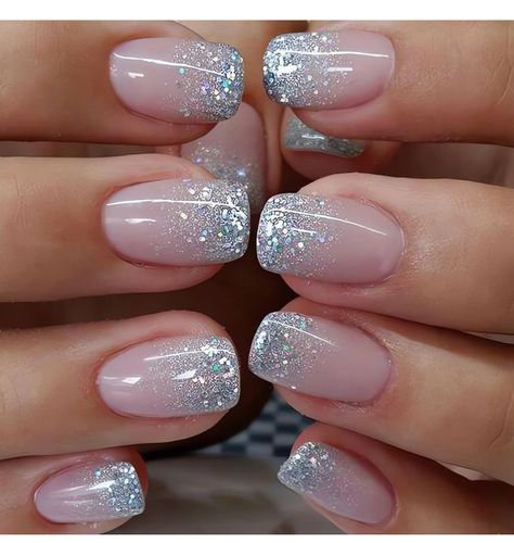 Faded Glitter Nails Acrylics, Neutral Fall Nails With Glitter, Pretty Nail Art Designs For Wedding, Winter Nails With Black, Wedding Nails For Bridesmaids Acrylic, Short Round Acrylic Nails Glitter, Fall Nails With Sparkle Accent, Ombre French Tip Nails Sparkle, Glitter White Tip Nails