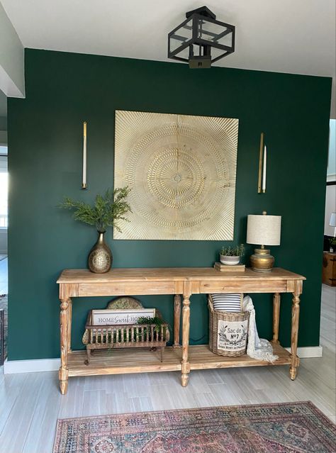 Green Office Walls, Foyer Accent Wall, Green Entryway, Accent Wall Entryway, Green Walls Living Room, Green Wall Color, Green Painted Walls, Hallway Colours, Green Accent Walls