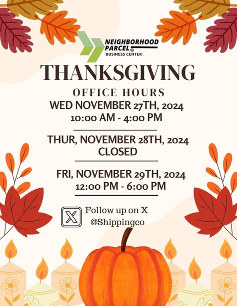 📢 Thanksgiving Week Office Hours Update 🍂

In celebration of Thanksgiving, we’re adjusting our office hours next week. Please take note of the changes:

🦃 Wednesday, November 27th, 2024
Closing early at 4:00 PM (instead of 6:00 PM).

🦃 Thursday, November 28th, 2024 (Thanksgiving Day)
Closed – Enjoy the holiday with your loved ones!

🦃 Friday, November 29th, 2024
Delayed opening: 12:00 PM – 6:00 PM.

Normal hours will resume on Monday. We appreciate your understanding and wish you a happy and safe Thanksgiving! 🍁

📞 Have questions? Feel free to reach out before the holiday! Andover Massachusetts, Thanksgiving Week, Notary Service, Notary Public, Public Service, Next Week, The Holiday, Thanksgiving, Feel Free