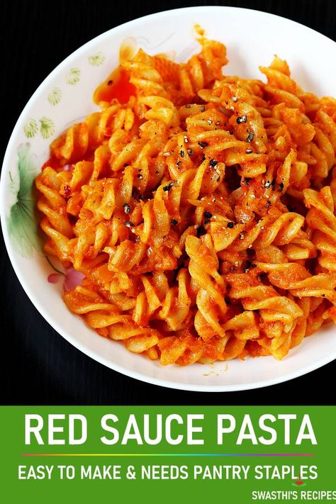 Easy red sauce pasta that is vegan, delicious and super quick to make. If you love quick meals, then give this a try! Needs just pantry staples! #pasta #vegan #redsaucepasta via @swasthi Easy Red Sauce Pasta, Easy Red Sauce, Red Sauce Pasta Recipe, Pasta Seasoning, Red Sauce Recipe, Red Pasta, Vegetarian Recipes Videos, Indian Vegan, Noodles Recipes