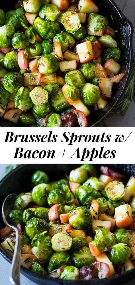 Easy Paleo roasted brussels sprouts with crispy savory bacon, rosemary and apples makes a tasty Paleo & Whole30 side dish or even a healthy breakfast if you add fried eggs! #paleo #whole30 #cleaneating #lowcarb Thanksgiving Paleo, Brussel Sprouts Bacon, Paleo Brussel Sprouts, Brussel Sprouts With Bacon, Paleo Roast, Savory Bacon, Paleo Plan, Holiday Catering, Brussels Sprouts With Bacon