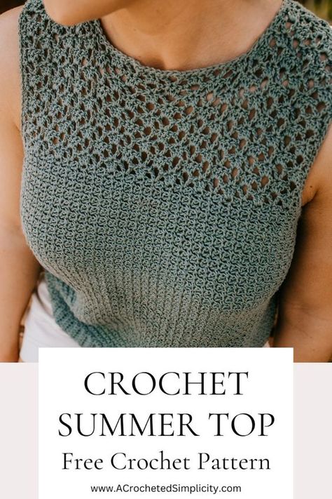 The Chantilly Crochet Summer Top is the epitome of summer chic. Crafted with lacy crochet stitches and a cotton, bamboo, linen blend yarn, its breathable fabric ensures coolness even on the hottest of days. This free crochet top pattern is size inclusive and includes women's sizes XS thru 5X. Crochet Tops For Summer, Bamboo Yarn Crochet Patterns, Crochet Ladies Tops Free Pattern, Crochet Cotton Yarn Projects, Crochet Crop Top Pattern Free, Crochet Tank Top Free, Crochet Shirt Pattern, Crochet Summer Tops Free Patterns, Summer Knitting Projects