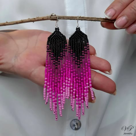 Black Neon Pink Seed Bead Earrings Chandelier Earrings | Etsy Ombre Seed Bead Earrings, Pink Bead Earrings, Pink Fringe Earrings, Pink Seed Bead Earrings, How To Make Seed Bead Earrings, Seed Bead Earrings Tutorial, Beaded Earrings Patterns Free, Seed Bead Earrings Patterns, Bracelet Patterns For Beginners