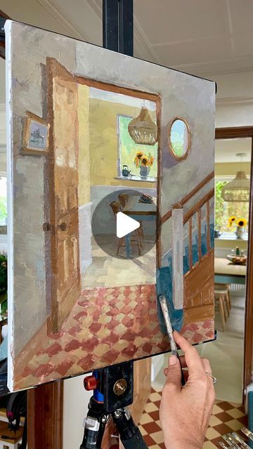 Clare Bowen Art - Plein Air on Instagram: "Interior oil painting demo, kitchen table & hallway. Lovely original old floor tiles, sea reflected mirror & rattan light. Our 1926 home in Cornwall.🩵
Available 35x45cm oil on canvas 
*
*
@ibbi_interiors @rosemarybrushes 
#paintingforsale #interiorpainting #cornwall #newlyn #artist #oilpainting #impressionistart #allaprima #painting #paintingfromlife #rosemaryandco #clarebowenartistinterior" Allaprima Painting, Demo Kitchen, Clare Bowen, Oil Painting Demos, Rattan Light, Table Hallway, Painting Demo, Impressionist Art, Floor Tiles