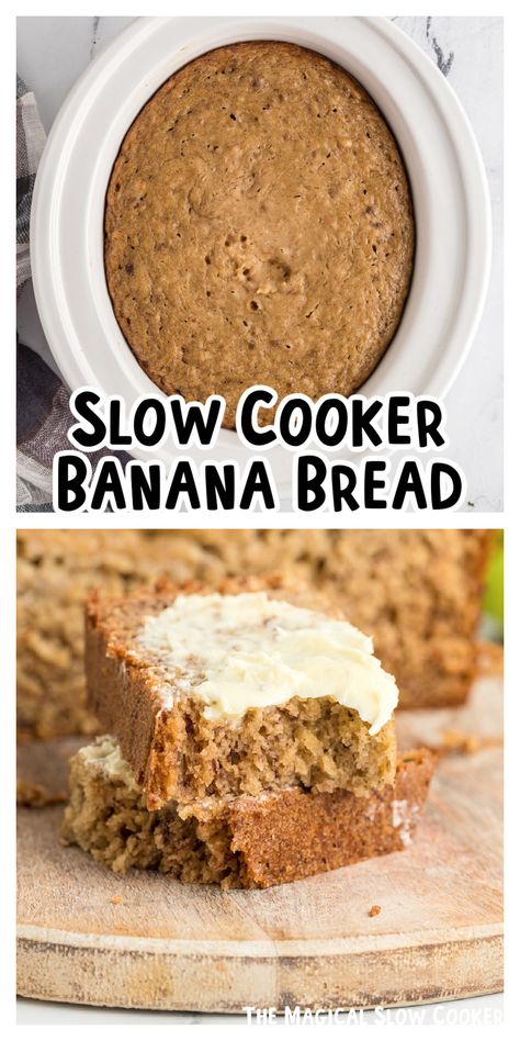 Banana bread in the slow cooker? Absolutely! This simple banana bread recipe yields a perfectly cooked loaf without the need for loaf pans, additional prep, or the fear of burning anything. Grab your kitchen staples and this classic recipe and get ready to wow your family and friends. - The Magical Slow Cooker Crockpot Banana Bread, Slow Cooker Banana Bread, Simple Banana Bread Recipe, Simple Banana Bread, Sugar Free Cookie Recipes, Crockpot Cake, Buttermilk Banana Bread, Crock Pot Bread, Magical Slow Cooker